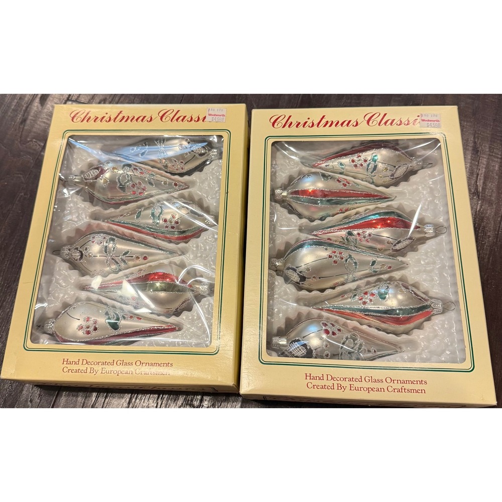 Commodore Christmas Classics 12pc Glass Ornaments Silver Red Green Teardrop Box